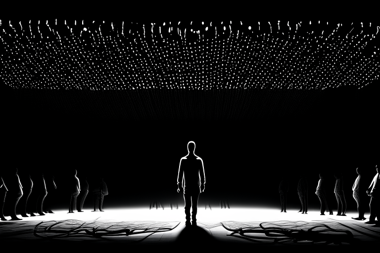 Dark room. Eminem surrounded by a lot of generic looking people. Everyone is facing forward and you can see them full size bodies, legs and feet. Eminem is in the middle. Strings are coming down from the ceiling and are connected to everyone like puppet strings, Eminem included. It is in black and white. 