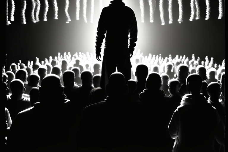 Dark room. Eminem surrounded by a lot of generic looking people. Everyone is facing forward and you can see them full size bodies, legs and feet. Eminem is in the middle. Strings are coming down from the ceiling and are connected to everyone like puppet strings, Eminem included. It is in black and white. There are lots of people. They are standing close. It should be very easy to see that this is Eminem