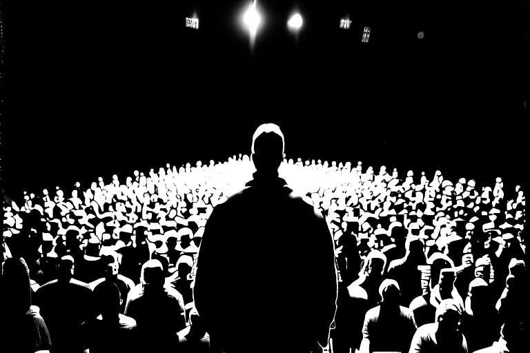 Dark room. Eminem surrounded by a lot of generic looking people. Everyone is facing forward and you can see them full size bodies, legs and feet. Eminem is in the middle. Strings are coming down from the ceiling and are connected to everyone like puppet strings, Eminem included. It is in black and white. There are lots of people. They are standing close. It should be very easy to see that this is Eminem