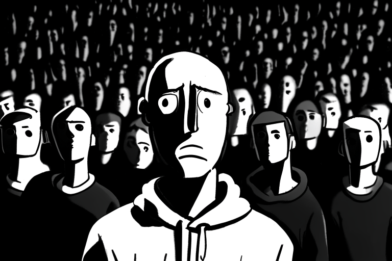 A dark room. A line of generic looking people. Behind them another line of generic looking people, and behind them, yet another one. Everything is black and white. In the middle of the first row of people a cartoony Eminem, which face is made out to be Eminems, is standing. Strings are coming down from the ceiling, connected to all the people, Eminem included, like puppet strings. 