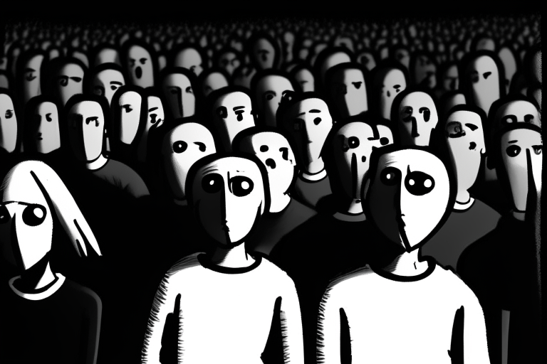 A dark room. A line of generic looking people fullsize so you can see their legs and feet, from the top of their head to the toes of their feet.. Behind them another line of generic looking people, and behind them, yet another one. Everything is black and white. In the middle of the first row of people a cartoony Eminem, which face is made out to be Eminems, is standing. Strings are coming down from the ceiling, connected to all the people, Eminem included, like puppet strings. 