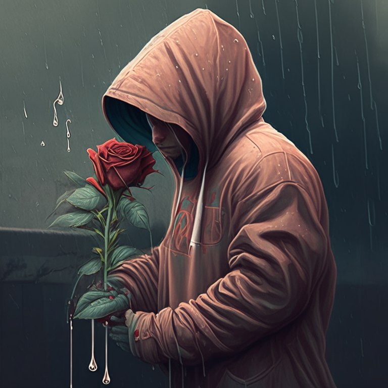 A guy in a hoodie watering a rose 