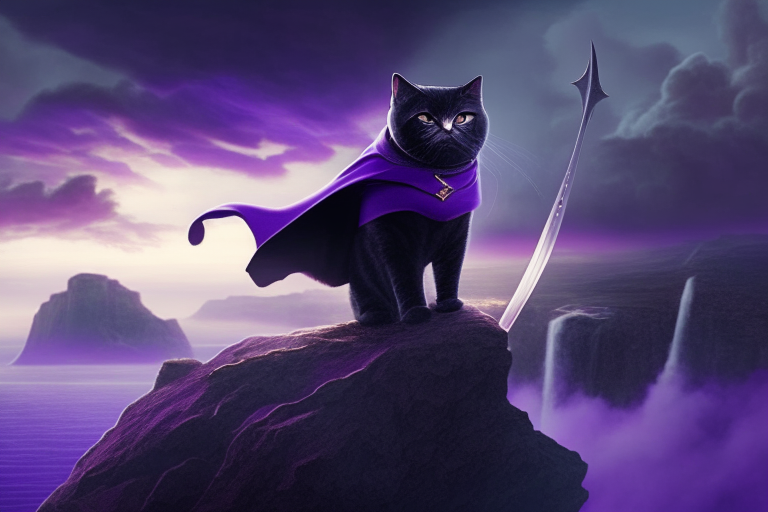 A British Shorthair cat with a black cape and a sword, standing on a cliff overlooking a mystical world with floating islands and a purple sky