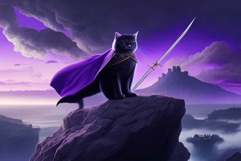 A British Shorthair cat with a black cape and a sword, standing on a cliff overlooking a mystical world with floating islands and a purple sky