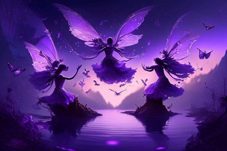 A group of fairies with butterfly wings, dancing in a mystical world with floating islands and a purple sky