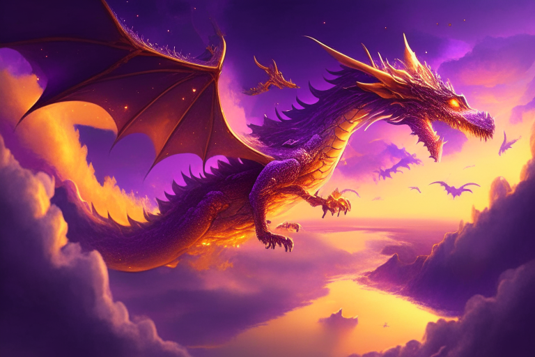 A dragon with golden scales and fiery breath, flying over a mystical world with floating islands and a purple sky