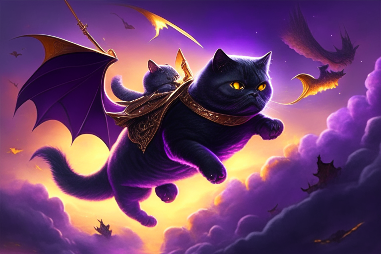 A British Shorthair cat with a black cape and a sword, riding on the back of a dragon with golden scales and fiery breath, flying over a mystical world with floating islands and a purple sky