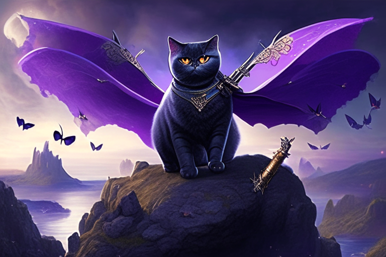 A British Shorthair cat with a black cape and a sword, standing on a cliff overlooking a mystical world with floating islands and a purple sky, surrounded by a group of fairies with butterfly wings