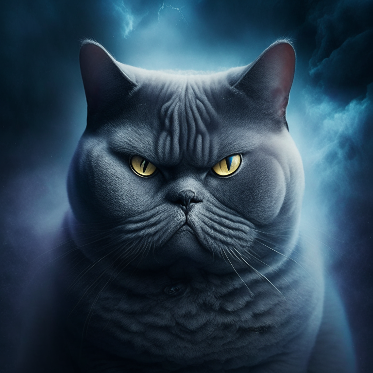 A scary British Shorthair villain in a mystic world