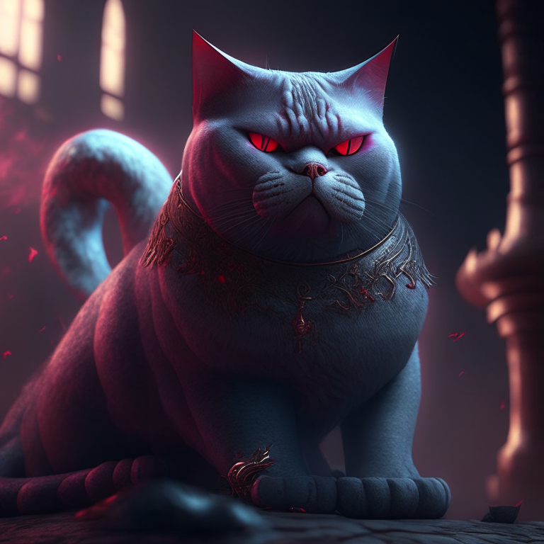 A British Shorthair villain in a mystical world with a dragon and blood, octane render, 4k