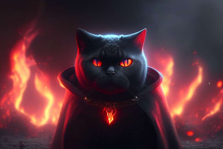 A British Shorthair cat with glowing red eyes, wearing a black cloak, standing in a mystical world with dragons and warriors, surrounded by blood and fire, octane render, 4k