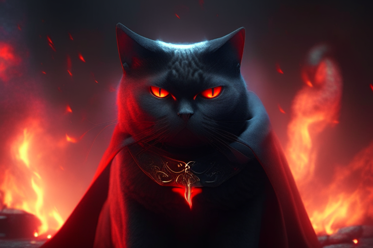 A British Shorthair cat with glowing red eyes, wearing a black cloak, standing in a mystical world with dragons and warriors, surrounded by blood and fire, octane render, 4k