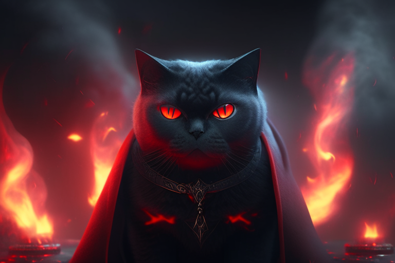 A British Shorthair cat with glowing red eyes, wearing a black cloak, standing in a mystical world with dragons and warriors, surrounded by blood and fire, octane render, 4k