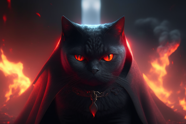 A British Shorthair cat with glowing red eyes, wearing a black cloak, standing in a mystical world with dragons and warriors, surrounded by blood and fire, octane render, 4k