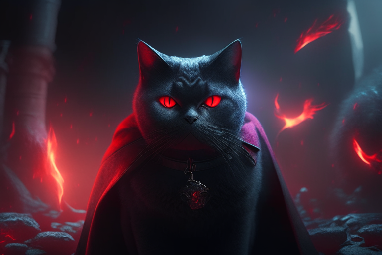 A British Shorthair cat with glowing red eyes, wearing a black cloak, standing in a mystical world with dragons and warriors, surrounded by blood and water, octane render, 4k