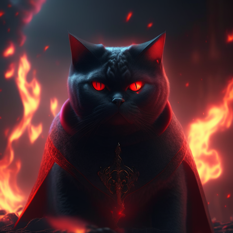 A British Shorthair cat with glowing red eyes, wearing a black cloak, standing in a mystical world with dragons and warriors, surrounded by blood and fire, octane render, 4k”
