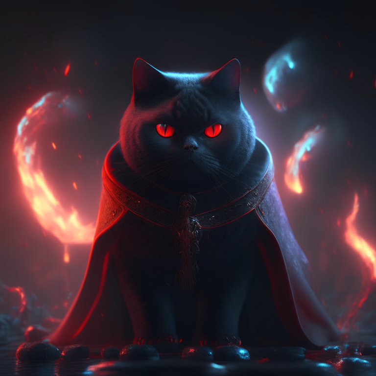 A British Shorthair cat with glowing red eyes, wearing a black cloak, standing in a mystical world with dragons and warriors, surrounded by blood and water, octane render, 4k”
