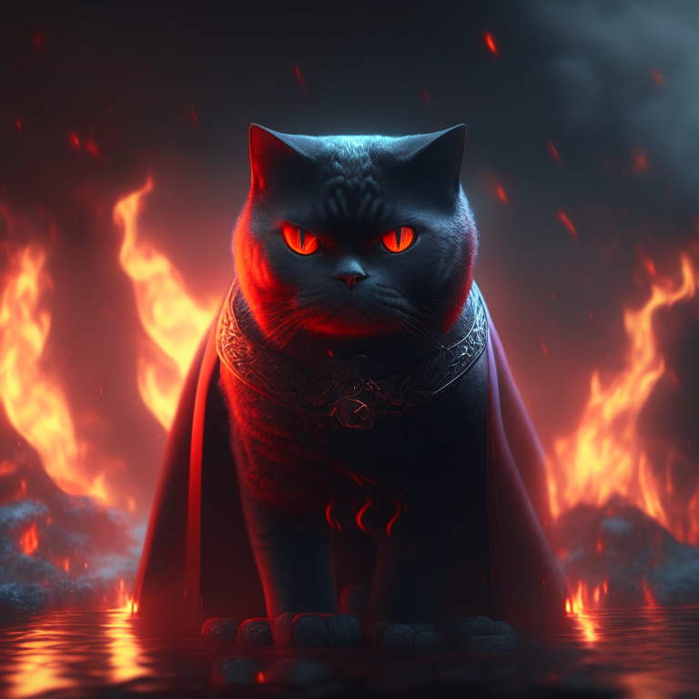 A British Shorthair cat with glowing red eyes, wearing a black cloak, standing in a mystical world with dragons and warriors, surrounded by fire and water, octane render, 4k”
