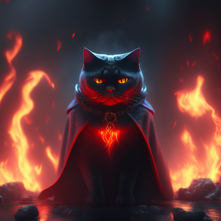 A British Shorthair cat with glowing red eyes, wearing a black cloak, standing in a mystical world with dragons and warriors, surrounded by fire and water, octane render, 4k”
