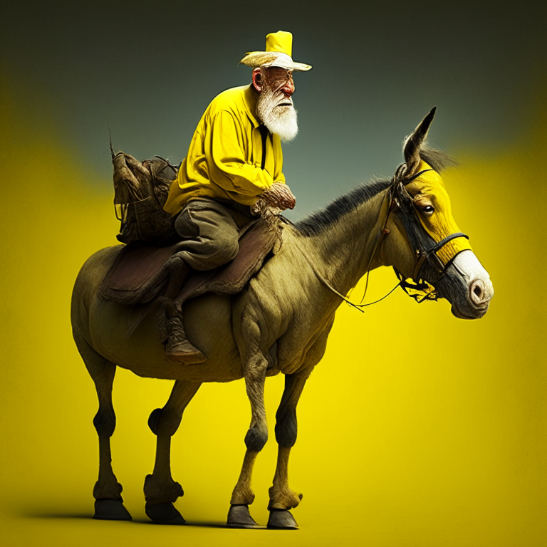 Old man ride on yellow donkey 