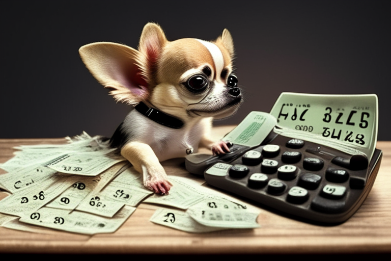 a chihuahua sitting at a desk with a calculator and a stack of papers, surrounded by floating numbers and dollar signs