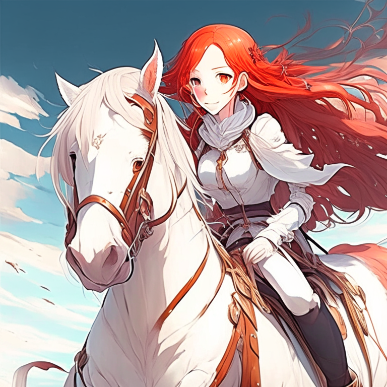 Beautiful anime girl riding on the white horse has red hair 