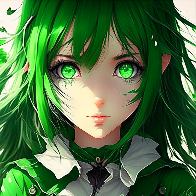 Beautiful anime girl wear everything green and her eyes also green