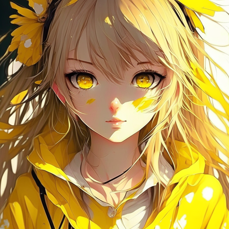 Beautiful anime girl wear everything yellow and her eyes also yellow 