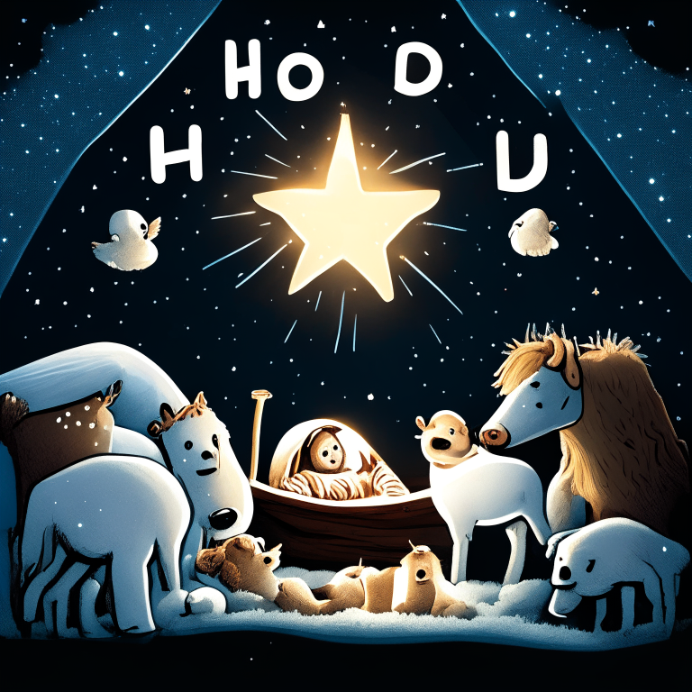 Baby Jesus in a manger, surrounded by animals and a bright star in the sky, with a speech bubble saying 'HODL!'