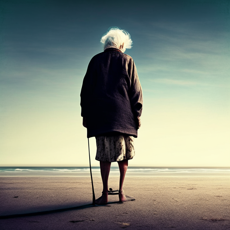 Old woman standing with one leg facing the horizon