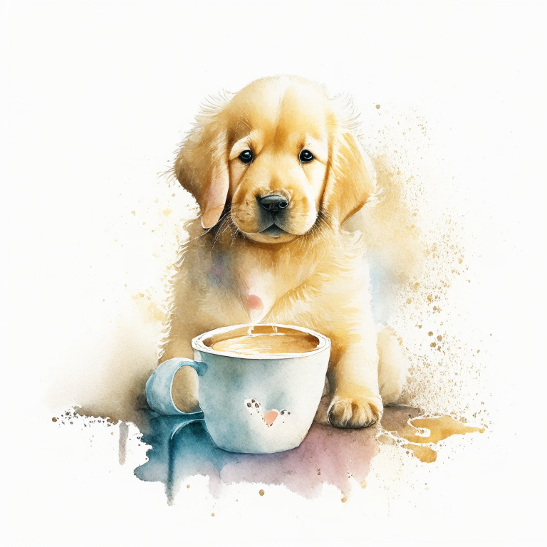 a golden retriever puppy drinking a latte with heart-shaped art, in a watercolor style