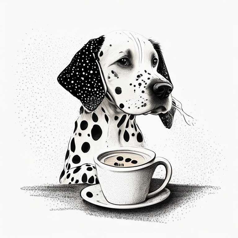 a dalmatian puppy drinking a latte with heart-shaped art, in a sketch style