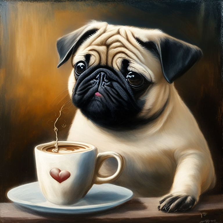 a pug puppy drinking a latte with heart-shaped art, in an oil painting style