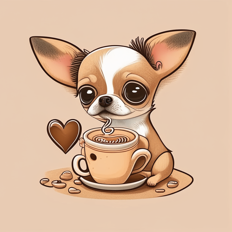 a chihuahua puppy drinking a latte with heart-shaped art, in a cartoon style