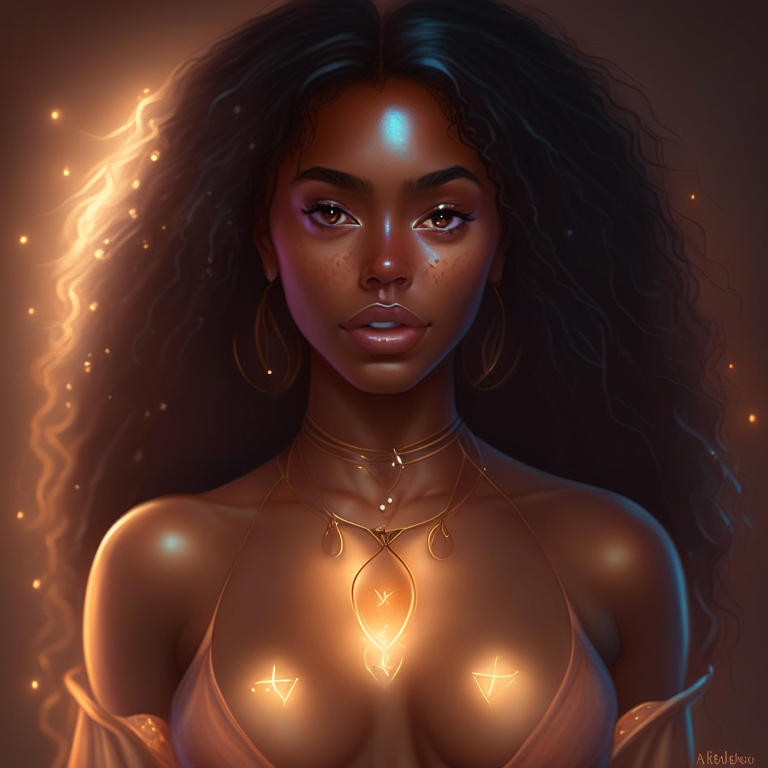 georgeous brown skin beautiful young women charm witch with perfect chest and body attractive, six point of lights, full hard detail