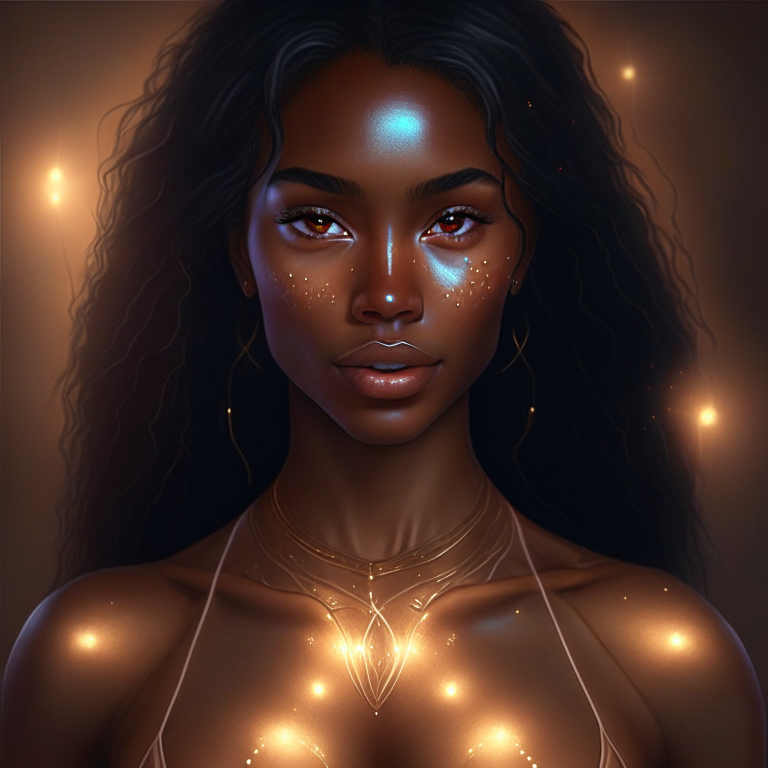 georgeous brown skin beautiful young women charm witch with perfect chest and body attractive, six points of lights in his face, full hard detail