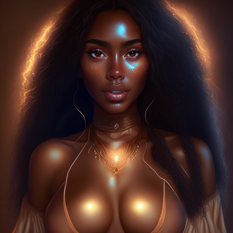 georgeous brown skin beautiful young women charm witch with perfect chest and body attractive, six point of lights, full hard detail