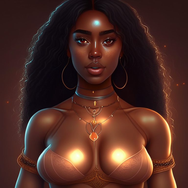 georgeous brown skin beautiful young women charm witch with perfect big chest and body attractive, six point of lights, full hard detail