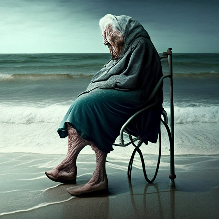 The old mother facing the sea with one amputated leg