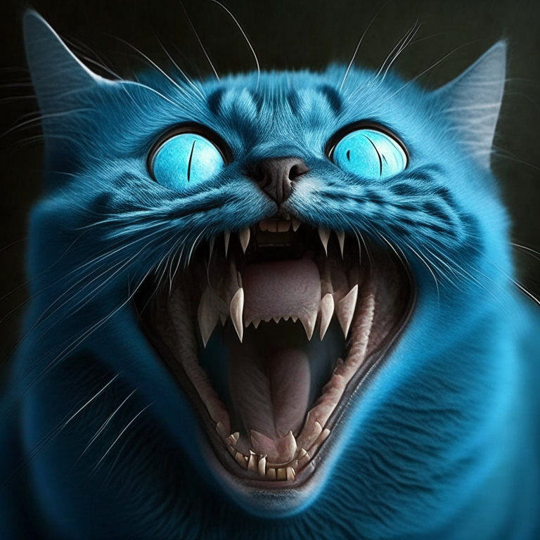 un gato azul muy enfadado con grandes dientes