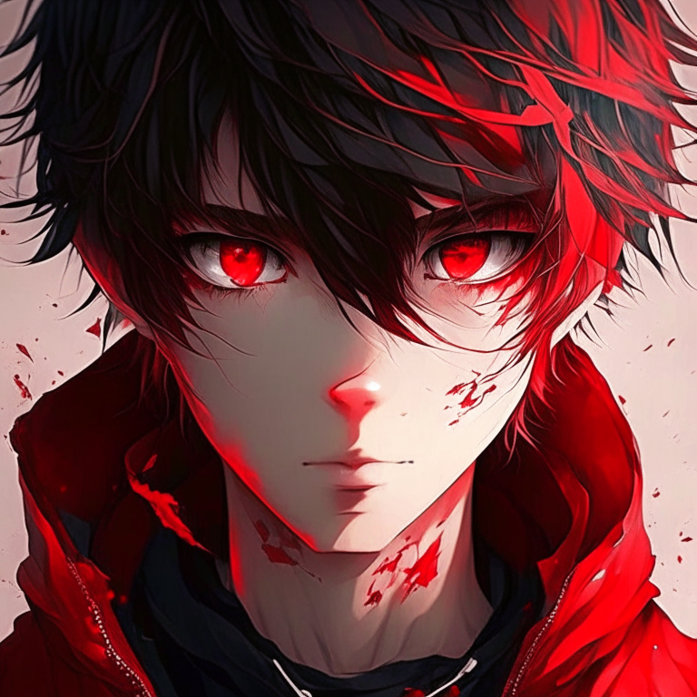 Beautiful anime boy wear everything red and his eyes also red”
