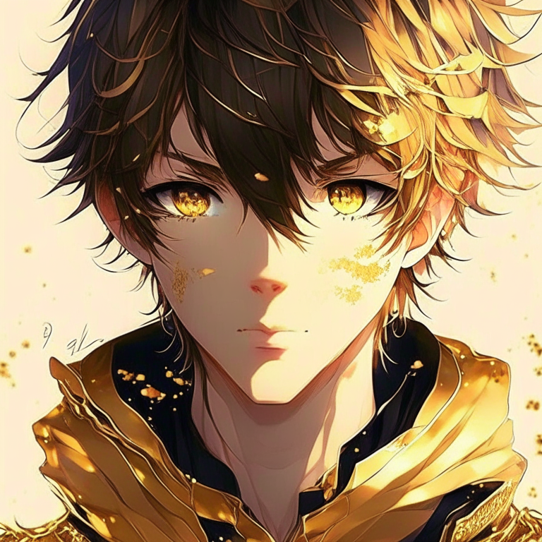 Beautiful anime boy wear everything golden and his eyes also golden”
