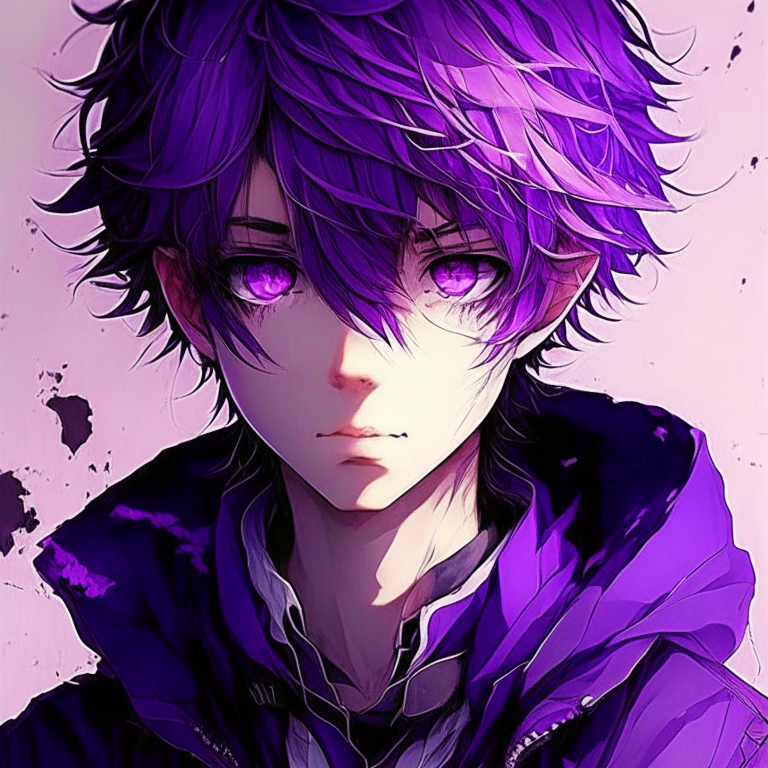 “Beautiful anime boy wear everything  purple and his eyes also purple 
”