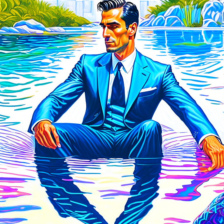 a painting of a man in a suit sitting in water, poster art by Edward Okuń, cgsociety, fantastic realism, martin ansin, martin ansin artwork portrait