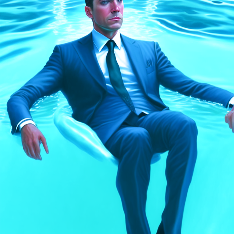 a painting of a man in a suit sitting waist deep in water, foto realism3d artwork 