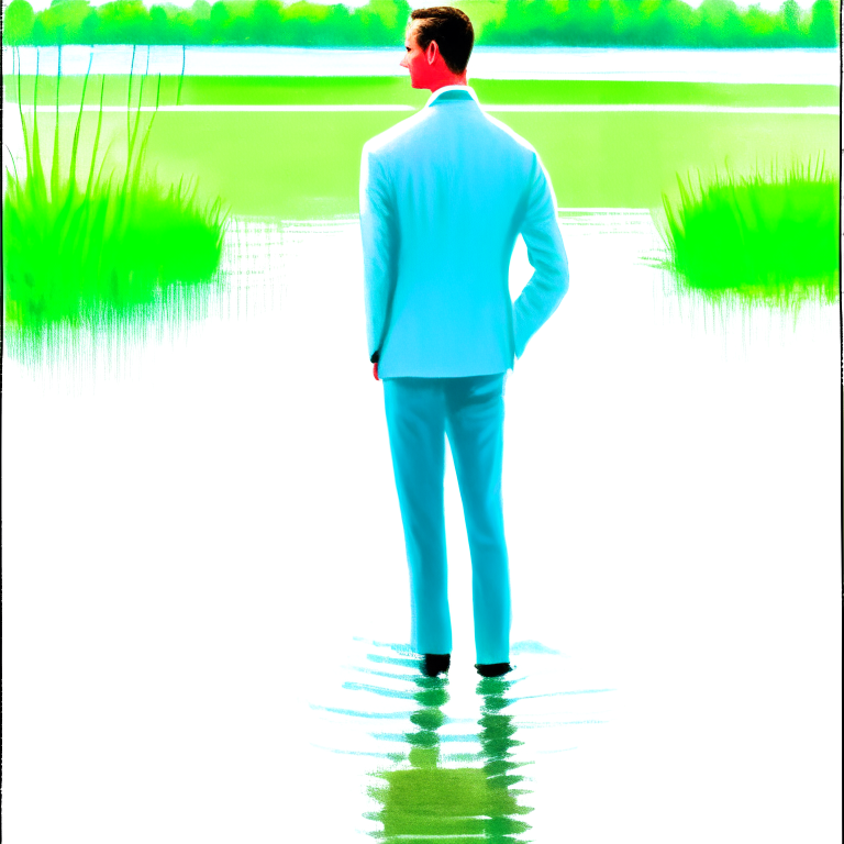 a painting of a man in a suit standing waist deep in a lake, foto realism3d artwork 