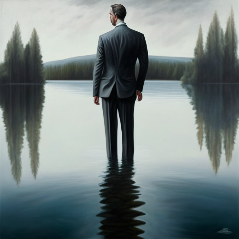 a painting of a man in a suit standing up to his waist in a lake, foto realistic 3d artwork 