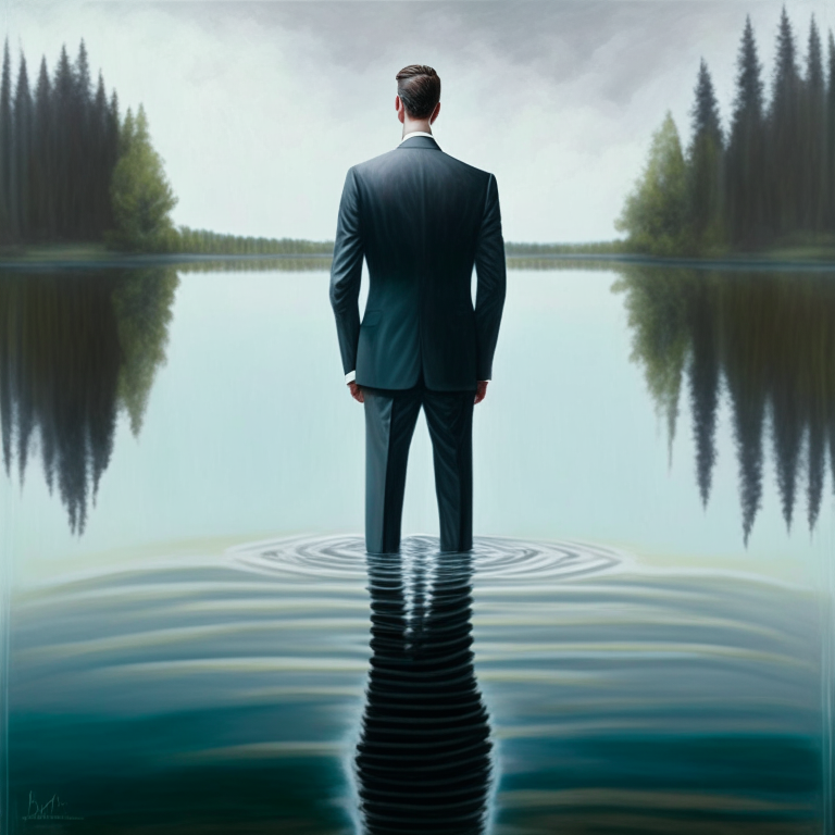 a painting of a man in a suit standing up to his waist in a lake, foto realistic 3d artwork 