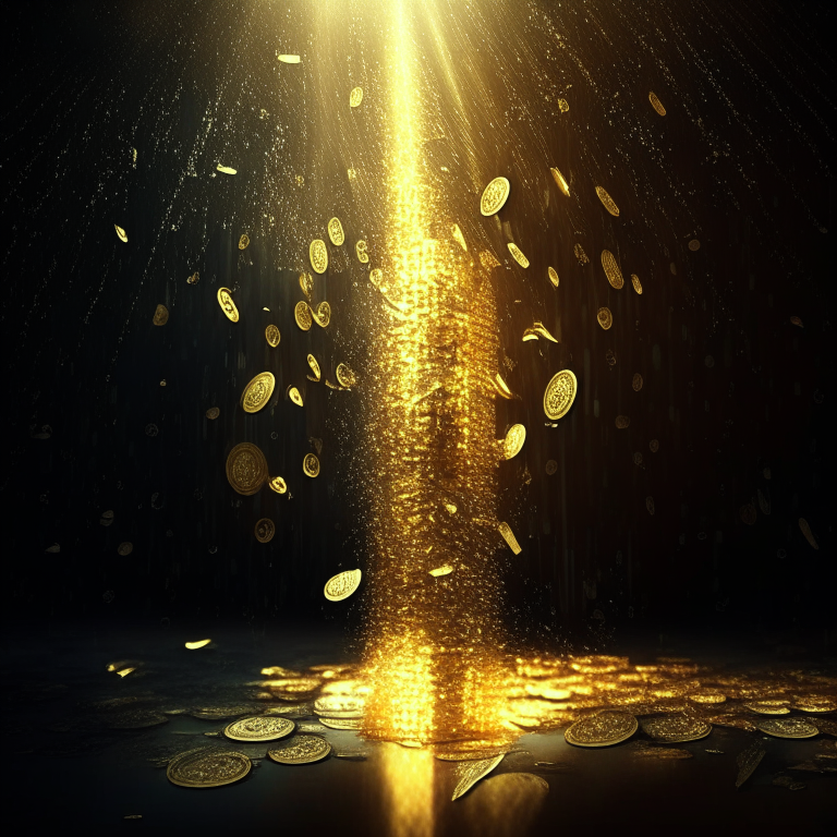Money rain irradiating golden light
