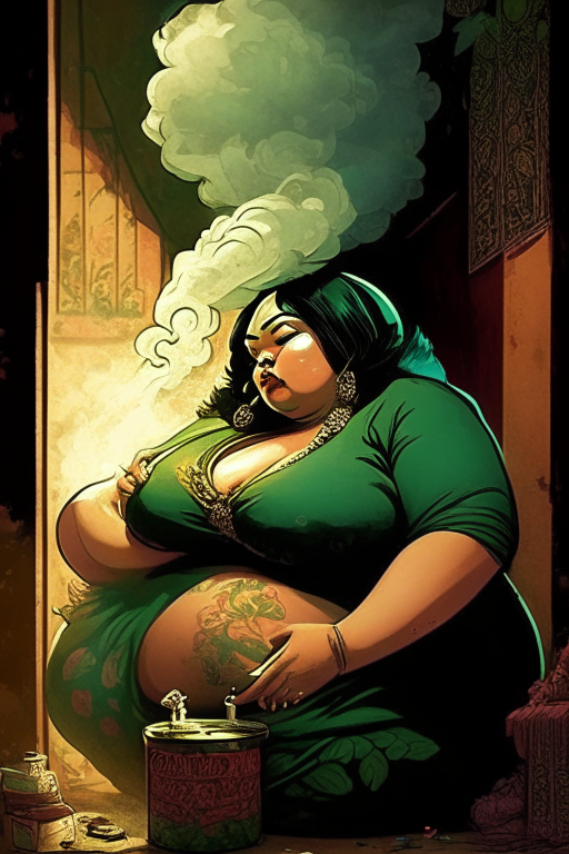 Create a new one of a kind artwork of a chubby, voluptuous Malay woman smoking ganja in chambers in the way Todd McFarlane's artwork would be. 